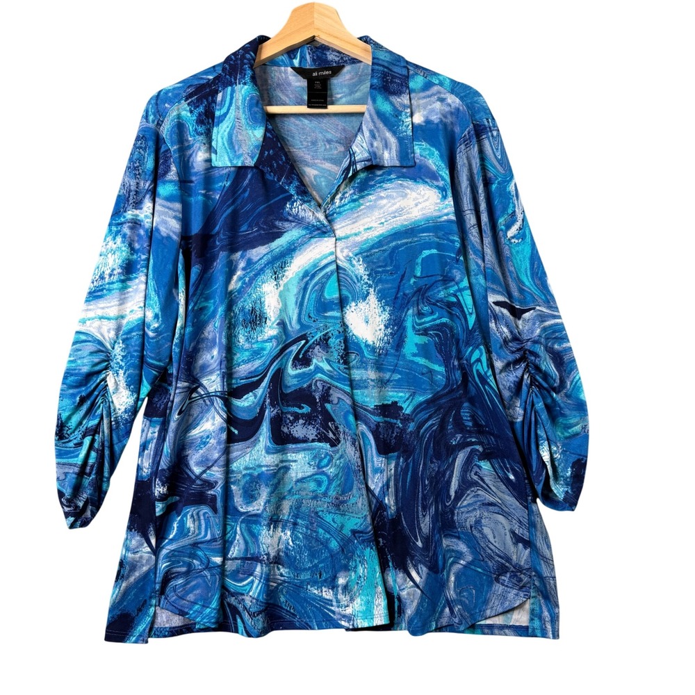 Ali Miles Blue Abstract Marble Swirl Ruched 3/4 Sleeve Collared Tunic Top PXL